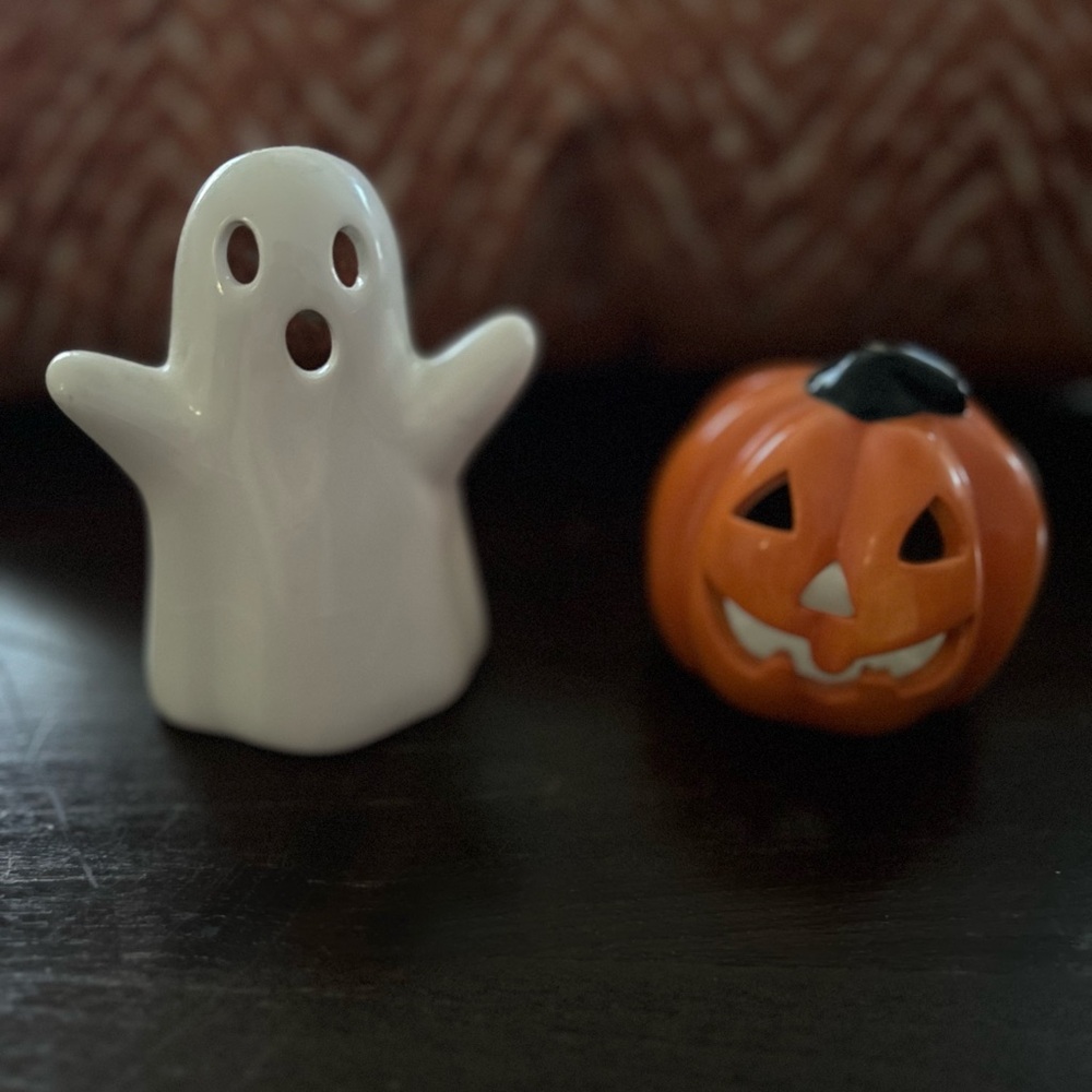 CLEARANCE Ceramic Ghost and Pumpkin Tea Light Candle Holders Halloween